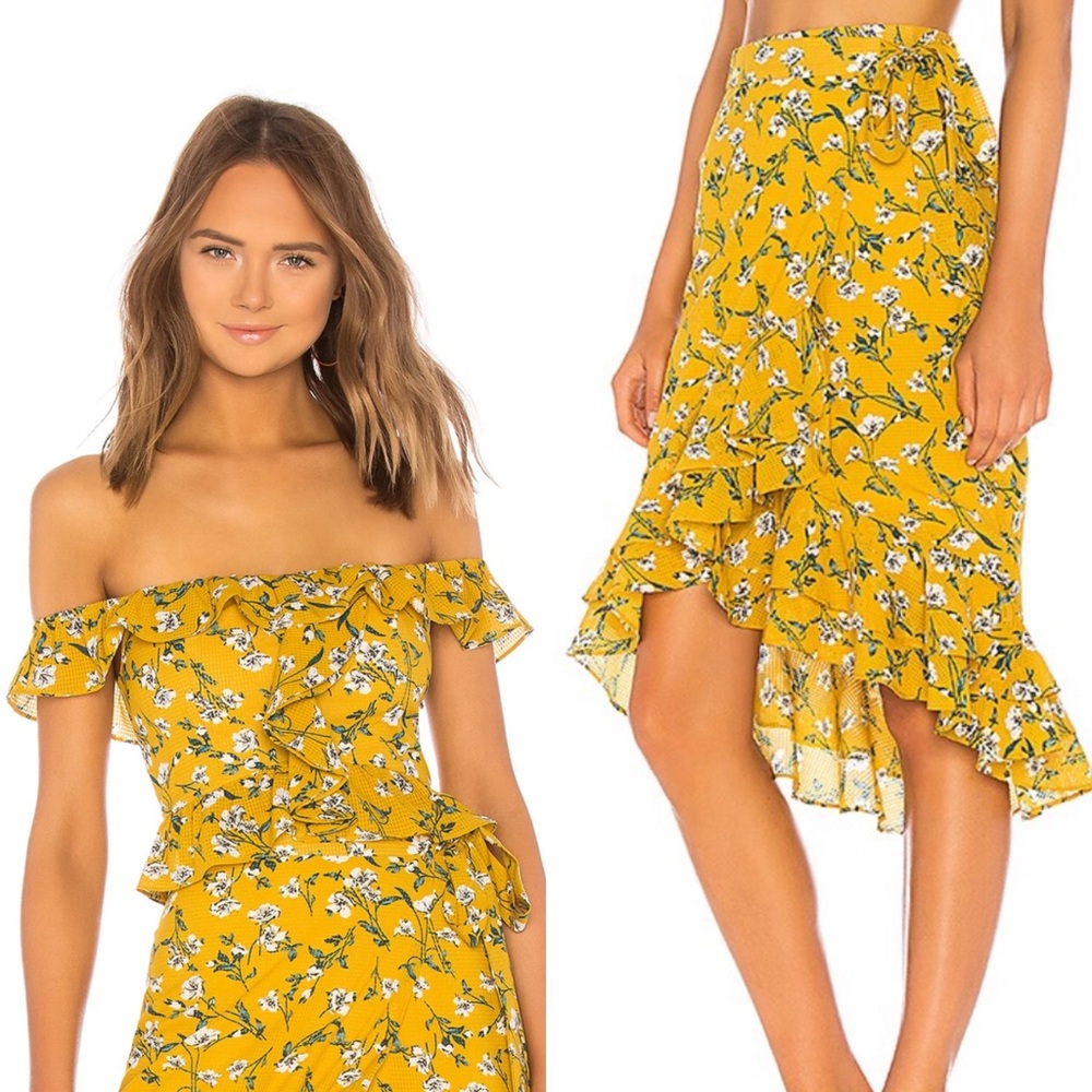 TULAROSA Set off shoulder top and wrap skirt in Yellow Dolly Floral